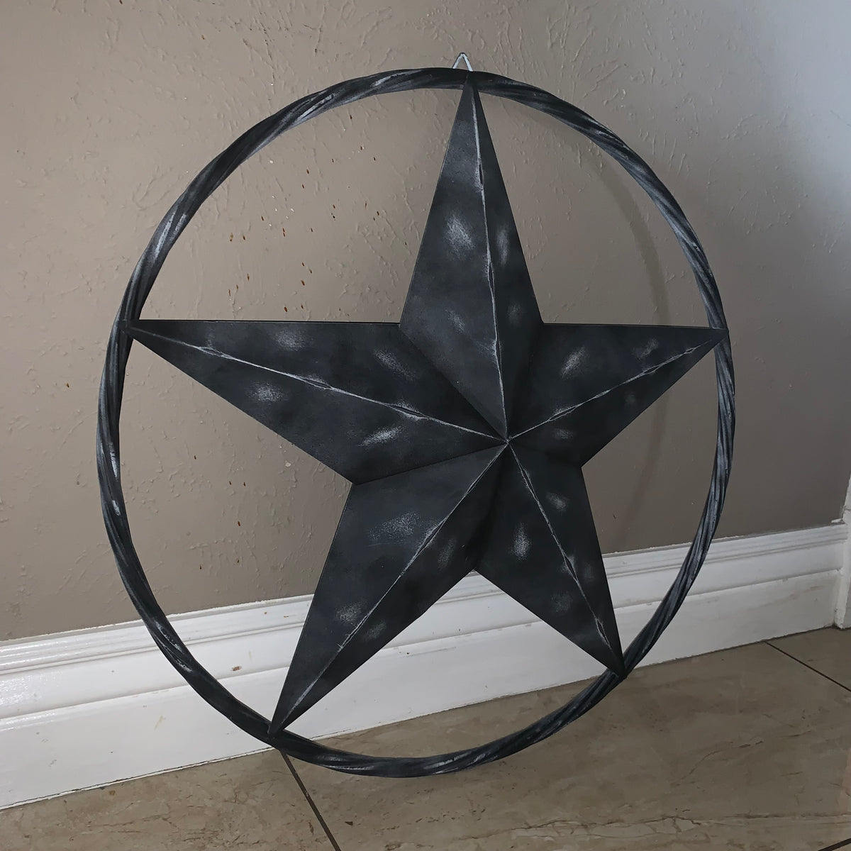 RUSTIC BLACK DISTRESSED TWO TONE BARN LONE STAR ROPE RING METAL WALL ART WESTERN HOME DECOR HANDMADE