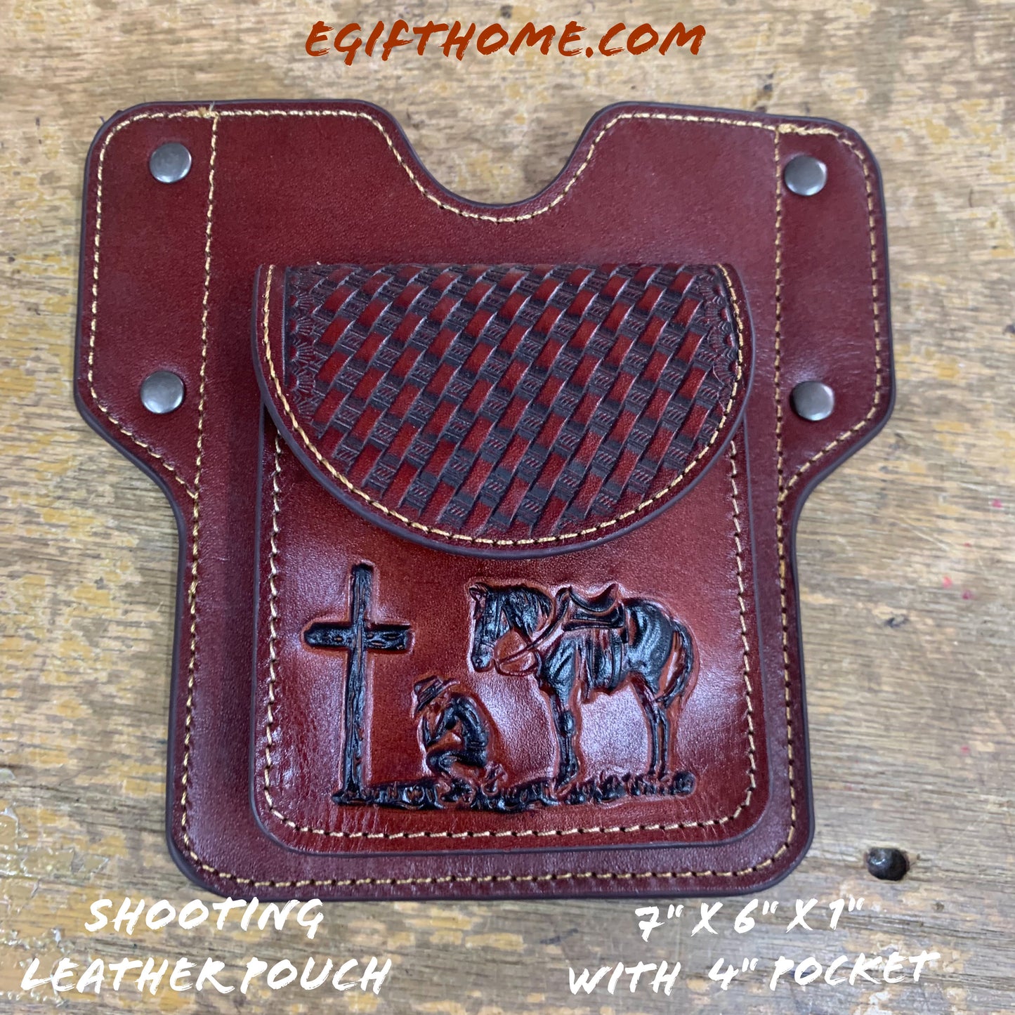 7" x 6" PRAYER BURGUNDY GENUINE SHOOTING LEATHER POUCH BELT LOOP HANDMADE NEW -- FREE SHIPPING