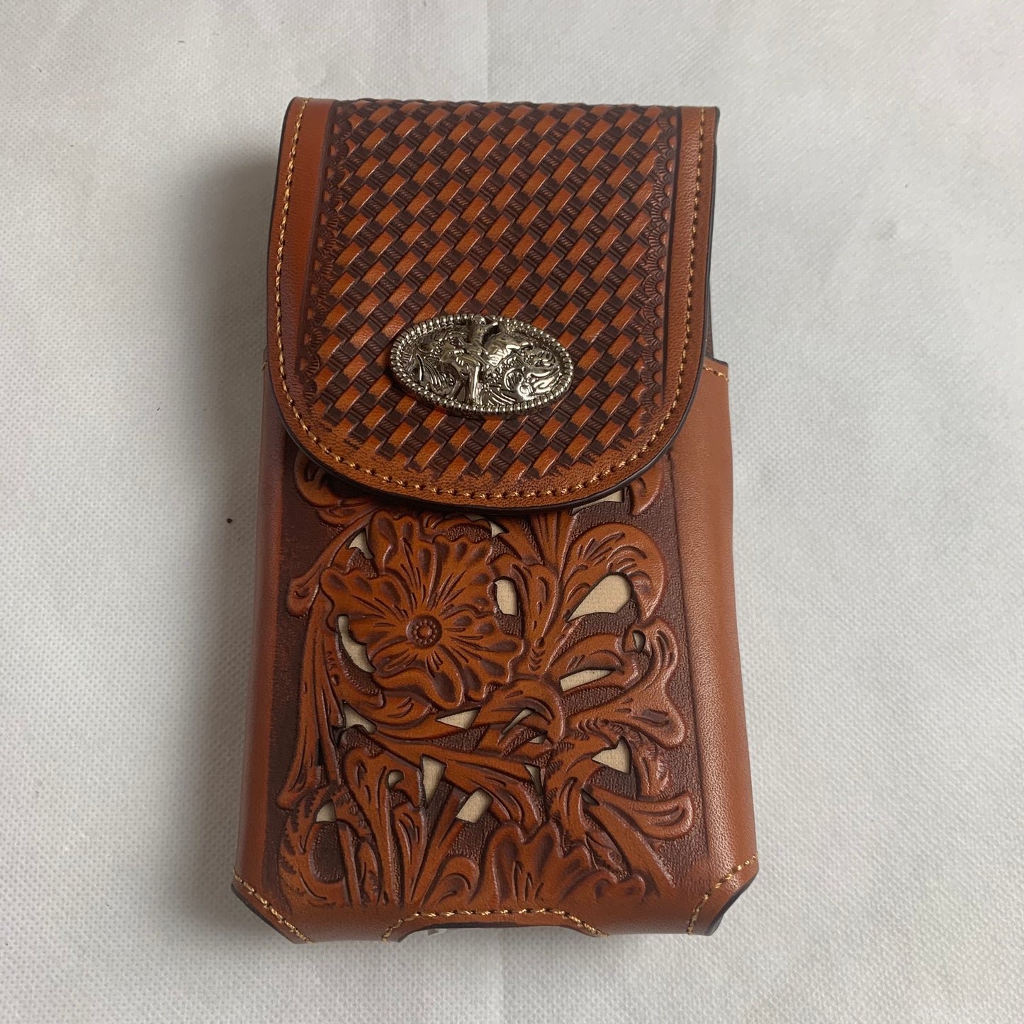 7.5" RODEO BULL RIDER TAN BEIGE LEATHER POUCH EXTRA LARGE  BELT LOOP HOLSTER CELL PHONE CASE UNIVERSAL OVERSIZE HANDMADE #EH12963