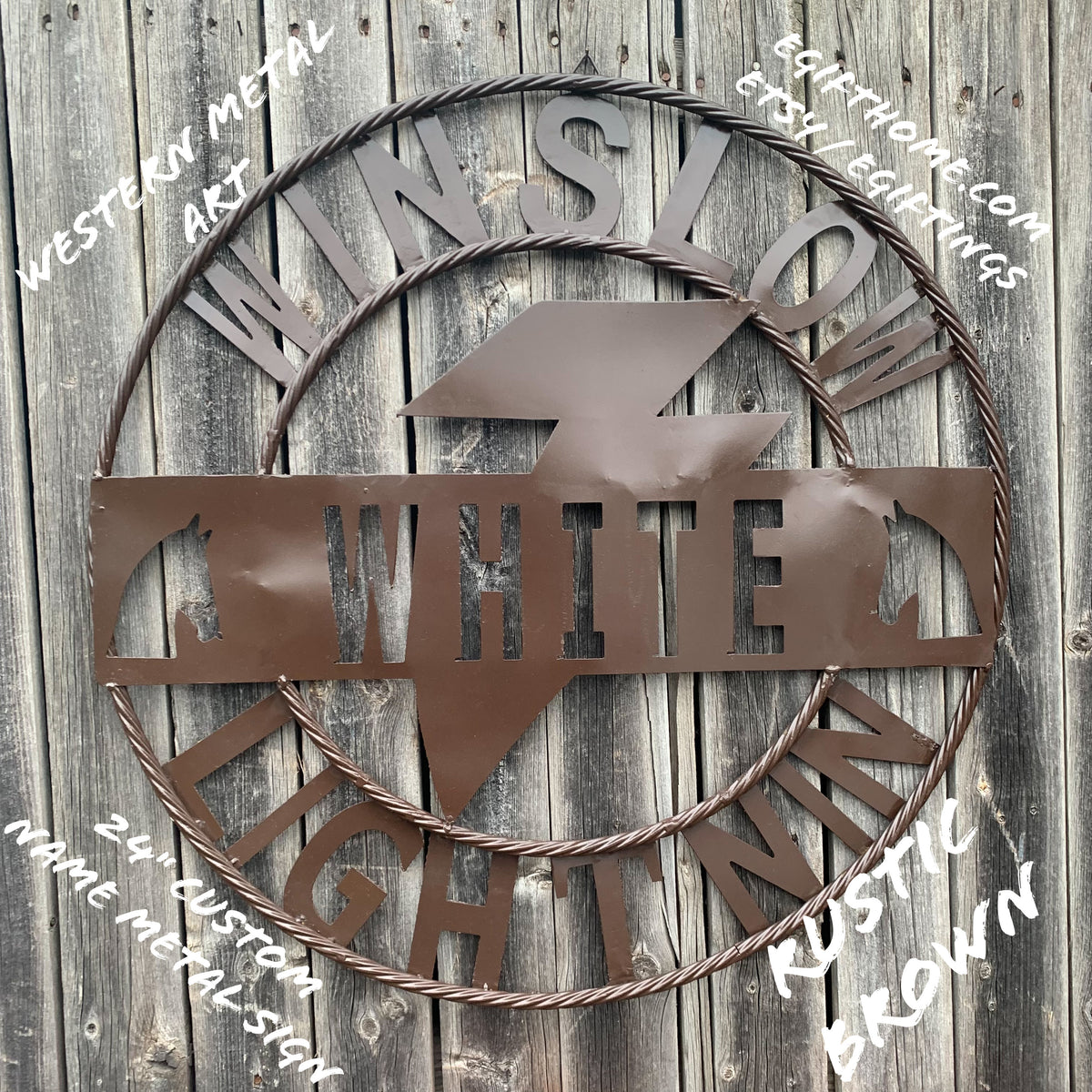 CUSTOM NAME LIGHTNIN HORSE STYLE SIGN RAW METAL BARN ROPE RING WESTERN HOME DECOR HANDMADE 24",32",36"