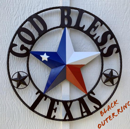 #EH11482 GOD BLESS TEXAS RED WHITE & BLUE TEXAS FLAG STYLE BARN METAL STAR BLACK TWISTED ROPE RING WESTERN HOME DECOR HANDMADE NEW