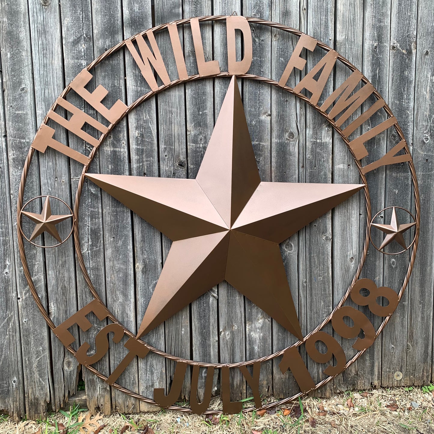 THE WILD FAMILY STYLE CUSTOM FAMILY NAME STAR METAL BARN STAR ROPE RING WESTERN HOME DECOR BRONZE HANDMADE 24",32",34",36",40",42",44",48",50"