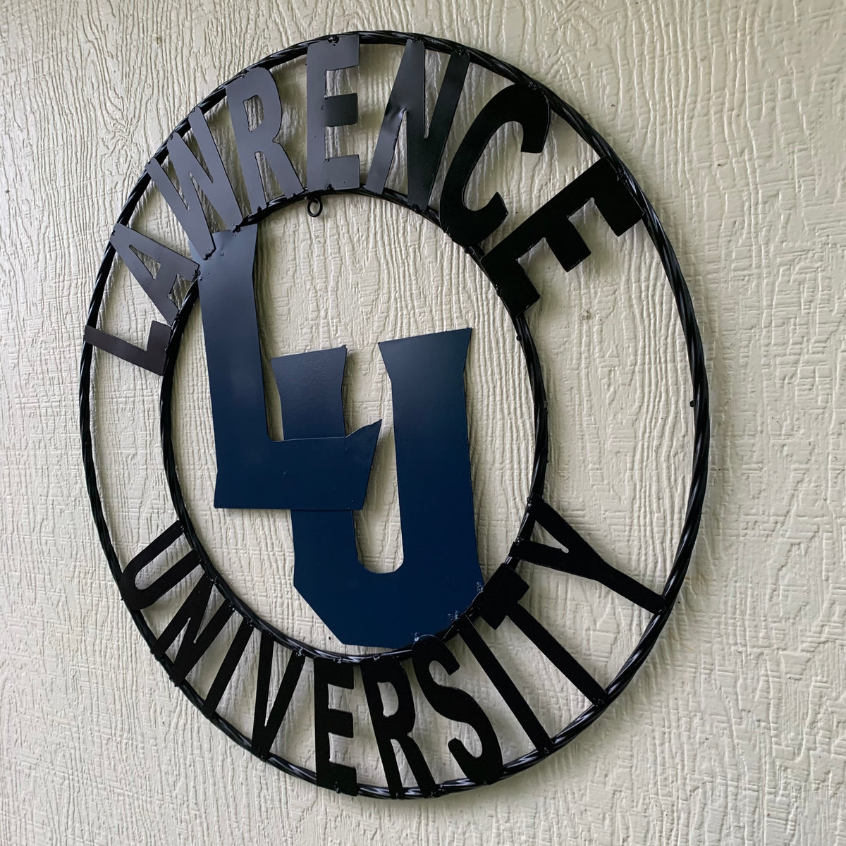 LAWRENCE UNIVERSITY METAL CUSTOM VINTAGE CRAFT WALL ART RUSTIC BLUE & BLACK TEAM SIGN HANDMADE