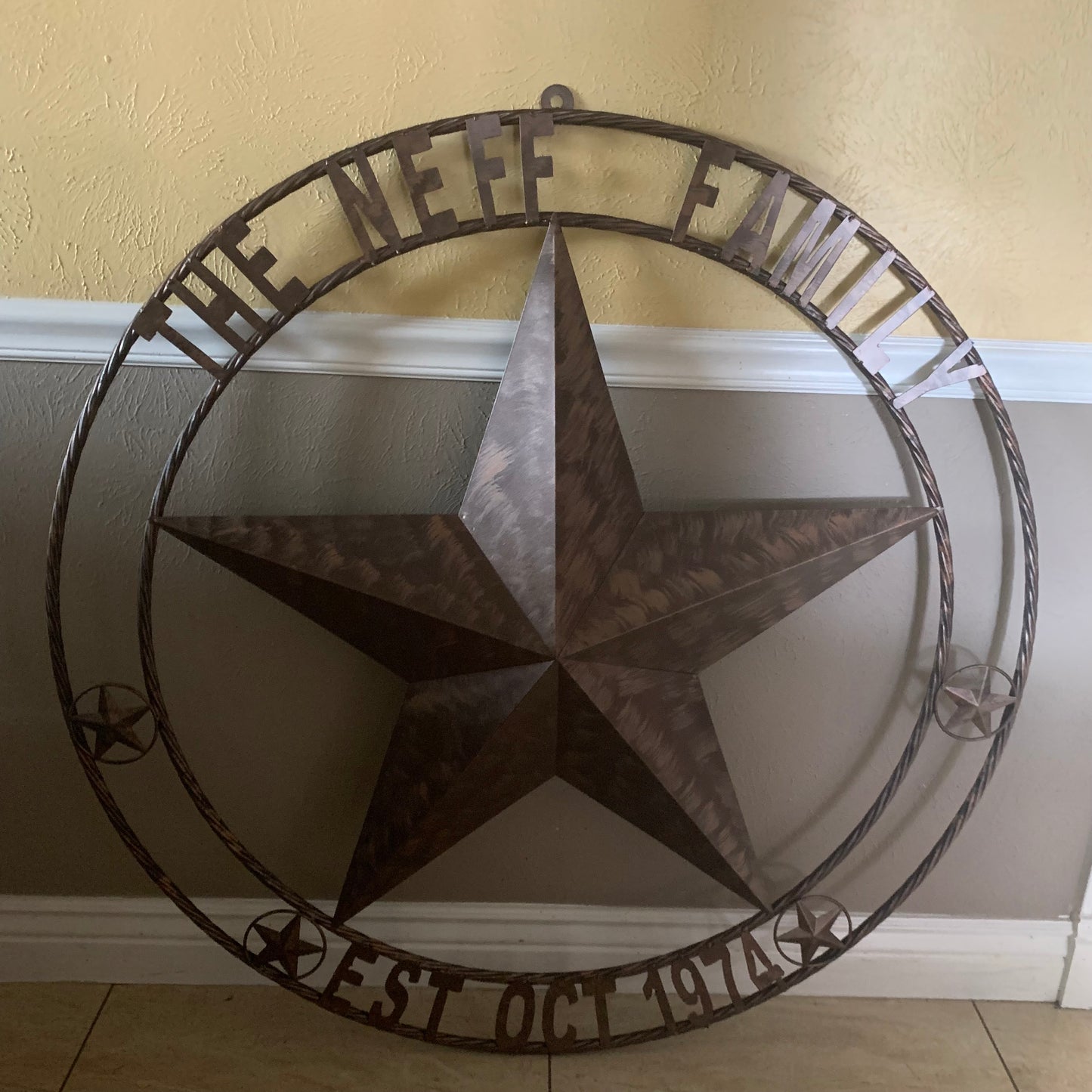 COLOMINA STYLE YOUR CUSTOM NAME BARN STAR BRONZE BRUSH COPPER METAL STAR 3d TWISTED ROPE RING COLOMINA WESTERN HOME DECOR RUSTIC VINTAGE HANDMADE 24",32",36",40",42",44",46",50"
