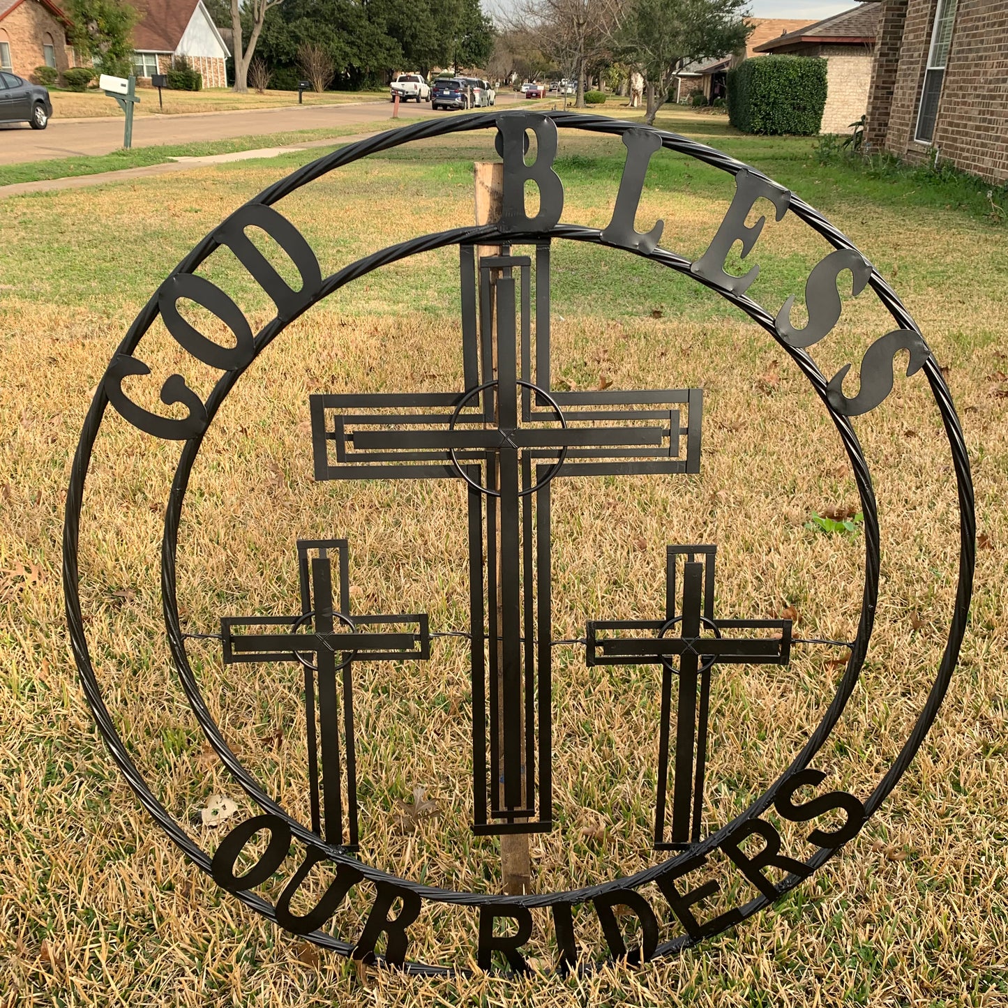 40"GOD BLESS OUR RIDERS CRUCIFIX BLACK CROSS METAL WALL ART HANDMADE