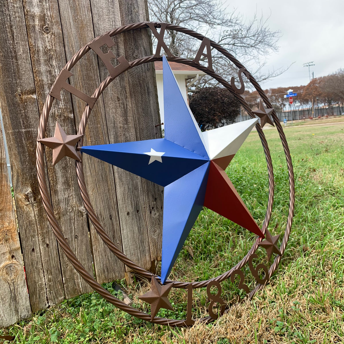 TEXAS 1836  FLAG STAR RED WHITE BLUE BARN STAR TWISTED ROPE RING BRONZE WESTERN HOME DECOR  #EH10958