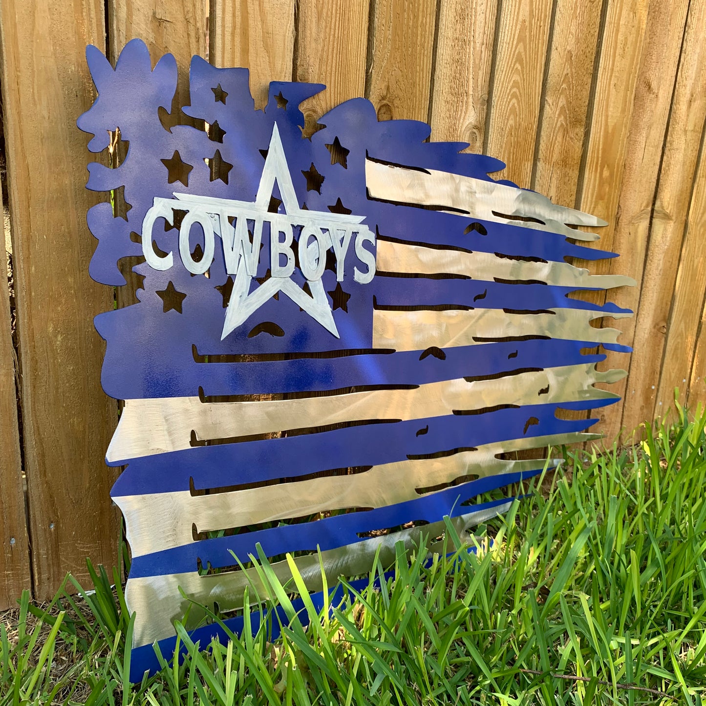 DALLAS COWBOYS METAL TATTERED FLAG BRIGHT BLUE & SILVER CUSTOM VINTAGE CRAFT TEAM SIGN HANDMADE