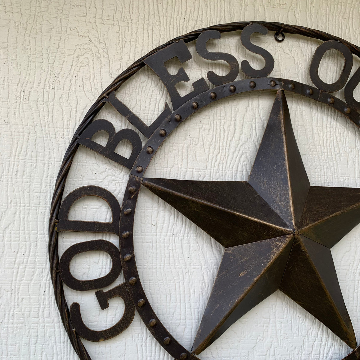 24" GOD BLESS OUR HOME BEADED STAR COLIBROX METAL TWISTED ROPE RING LONE STAR WALL ART WESTERN HOME DECOR RUSTIC DARK BRONZE COPPER HANDMADE NEW