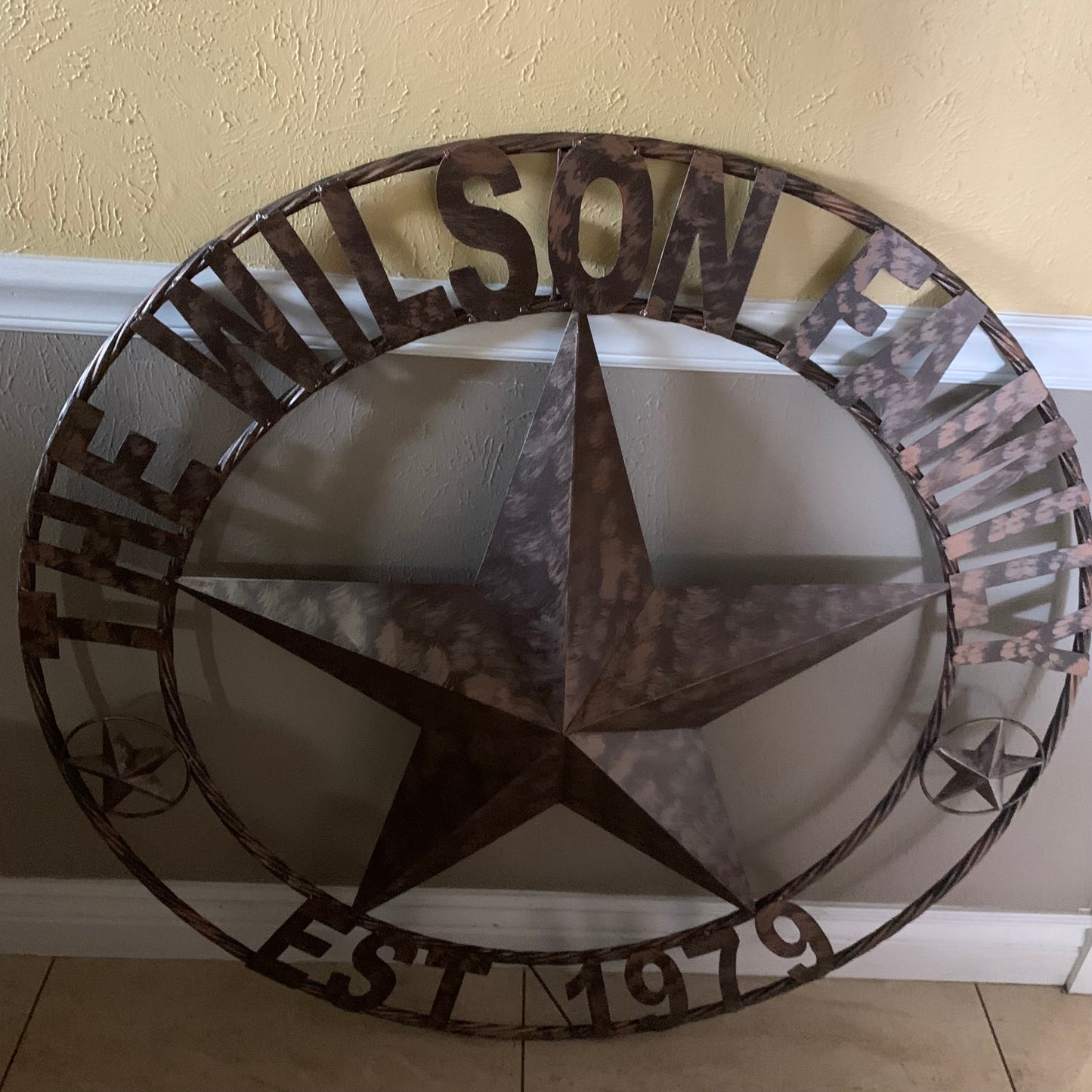 COLOMINA STYLE YOUR CUSTOM NAME BARN STAR BRONZE BRUSH COPPER METAL STAR 3d TWISTED ROPE RING COLOMINA WESTERN HOME DECOR RUSTIC VINTAGE HANDMADE 24",32",36",40",42",44",46",50"