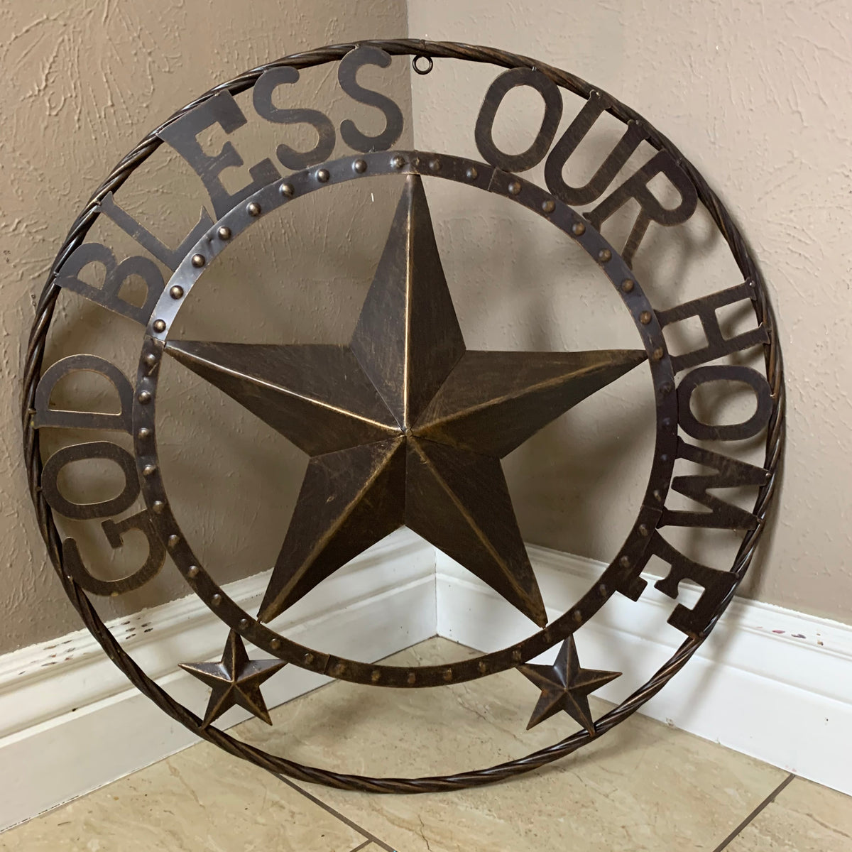 24" GOD BLESS OUR HOME BEADED STAR COLIBROX METAL TWISTED ROPE RING LONE STAR WALL ART WESTERN HOME DECOR RUSTIC DARK BRONZE COPPER HANDMADE NEW