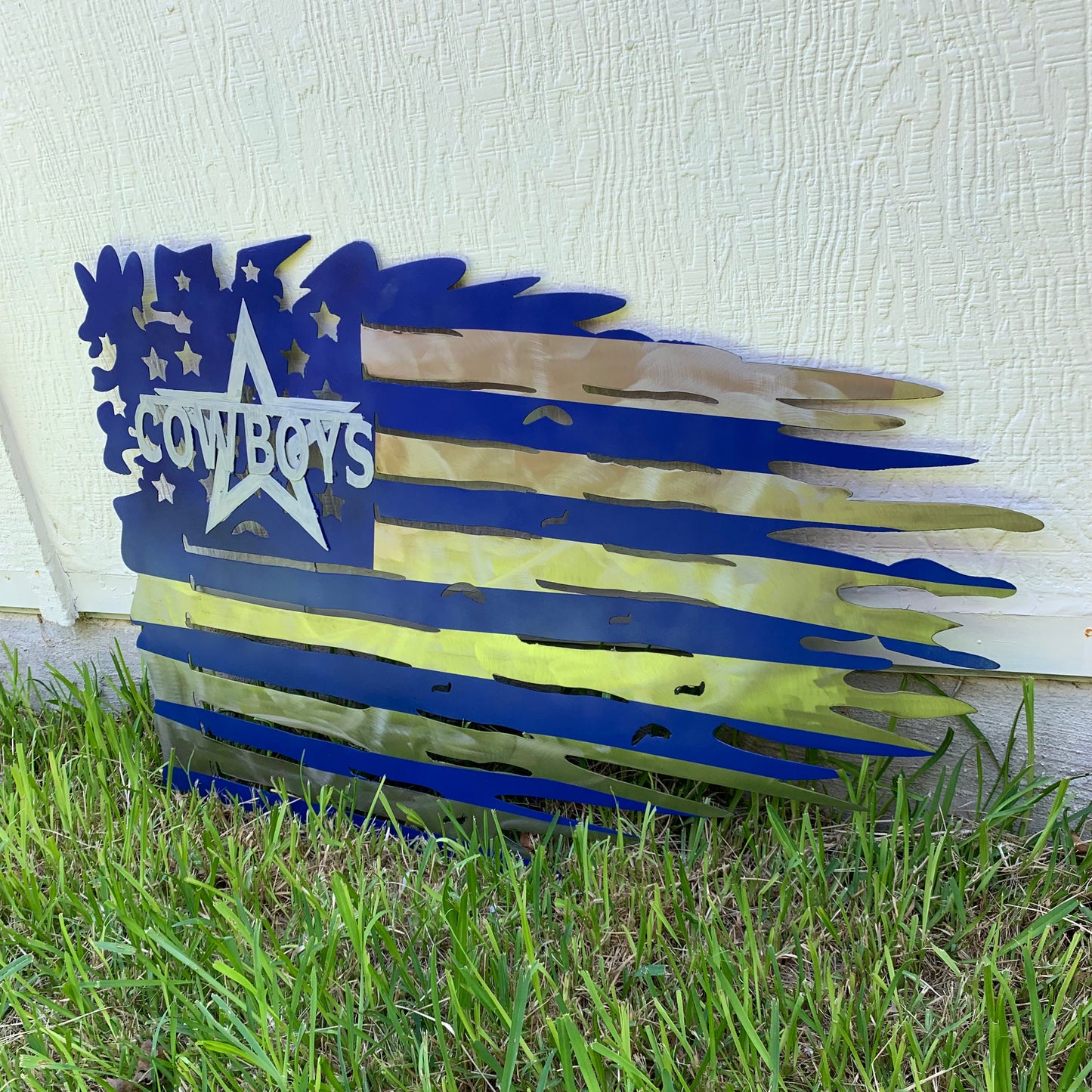 DALLAS COWBOYS METAL TATTERED FLAG BRIGHT BLUE & SILVER CUSTOM VINTAGE CRAFT TEAM SIGN HANDMADE