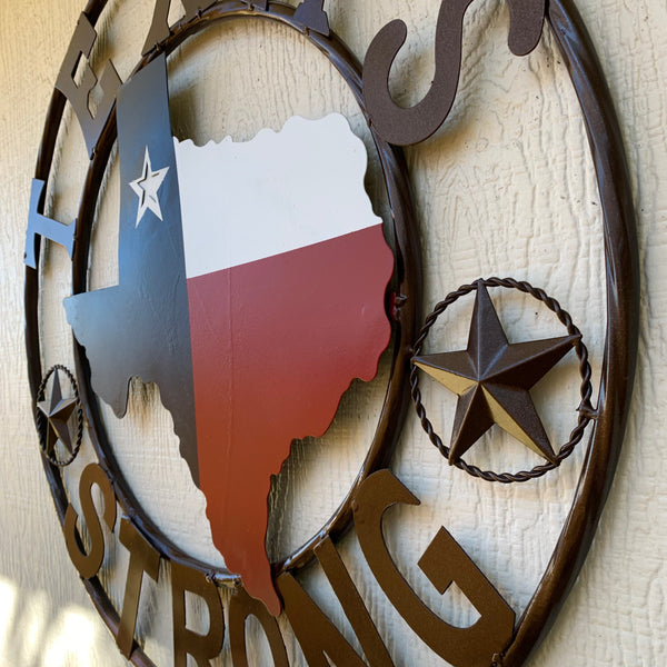 TEXAS STRONG SIGN METAL WALL ART WESTERN HOME DECOR RED WHITE BLUE WITH BRONZE RING HANDMADE #EH13212