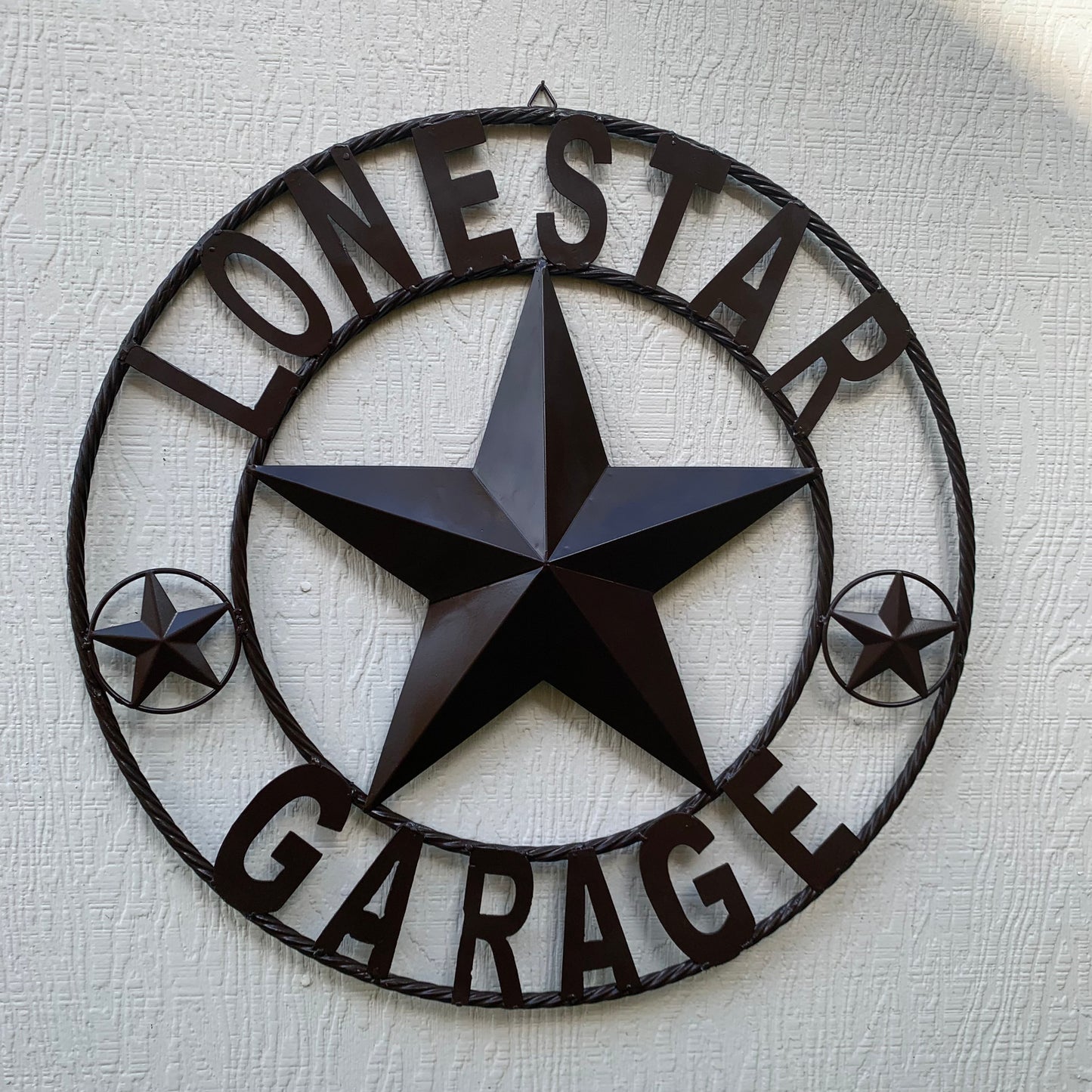 LONESTAR GARAGE STYLE CUSTOM BARN NAME STAR LONESTAR GARAGE METAL NAME BARN STAR WITH TWISTED ROPE RING 3d STAR ART WESTERN HOME DECOR RUSTIC BROWN