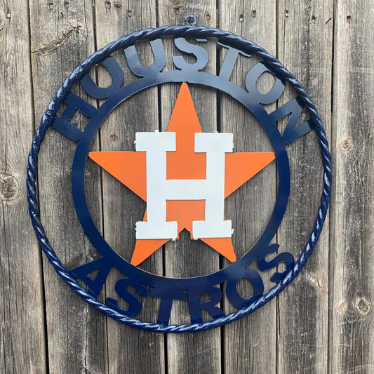 HOUSTON ASTROS ORANGE & NAVY  BLUE CUSTOM METAL VINTAGE CRAFT WALL ART HANDMADE 12",18",24",32",36"