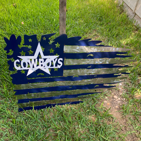 DALLAS COWBOYS METAL TATTERED FLAG NAVY BLUE, WHITE & SILVER CUSTOM VINTAGE CRAFT TEAM SIGN HANDMADE USA #EH11991