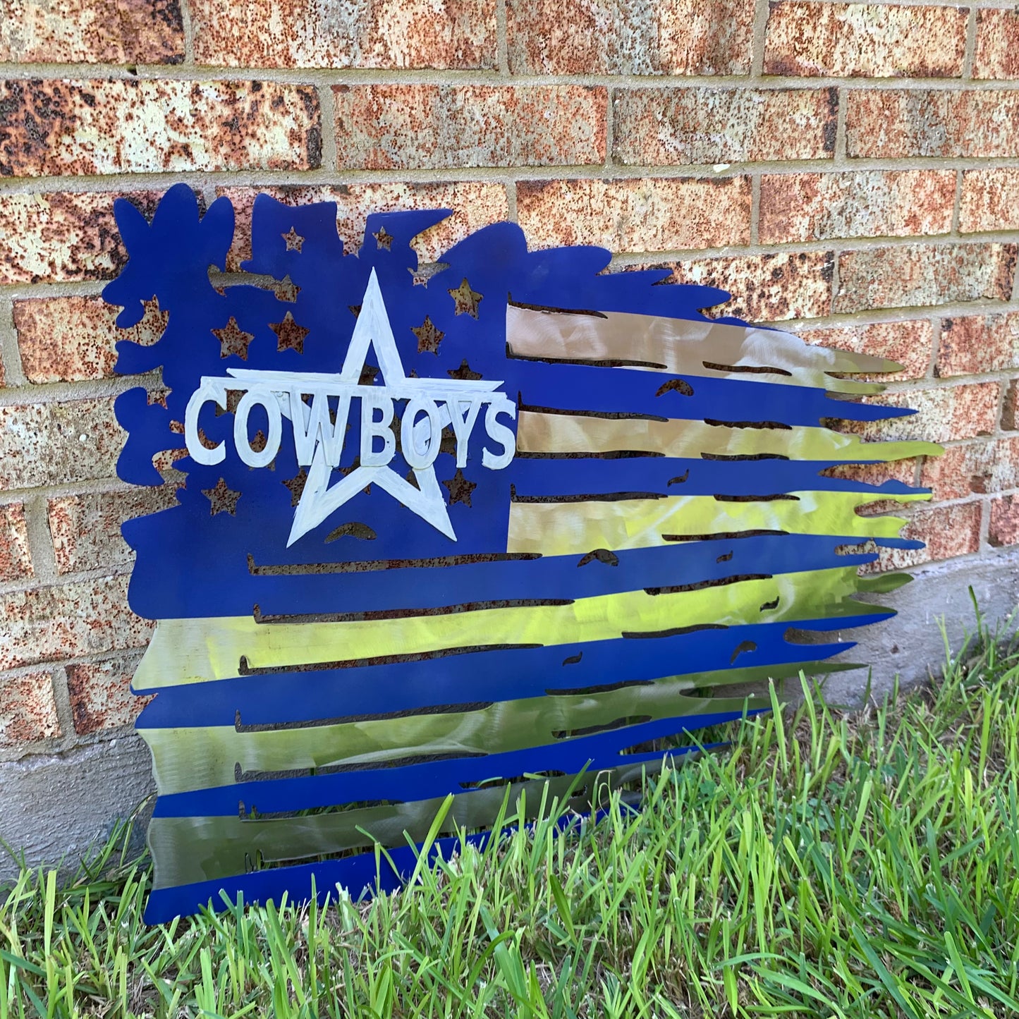 DALLAS COWBOYS METAL TATTERED FLAG BRIGHT BLUE & SILVER CUSTOM VINTAGE CRAFT TEAM SIGN HANDMADE