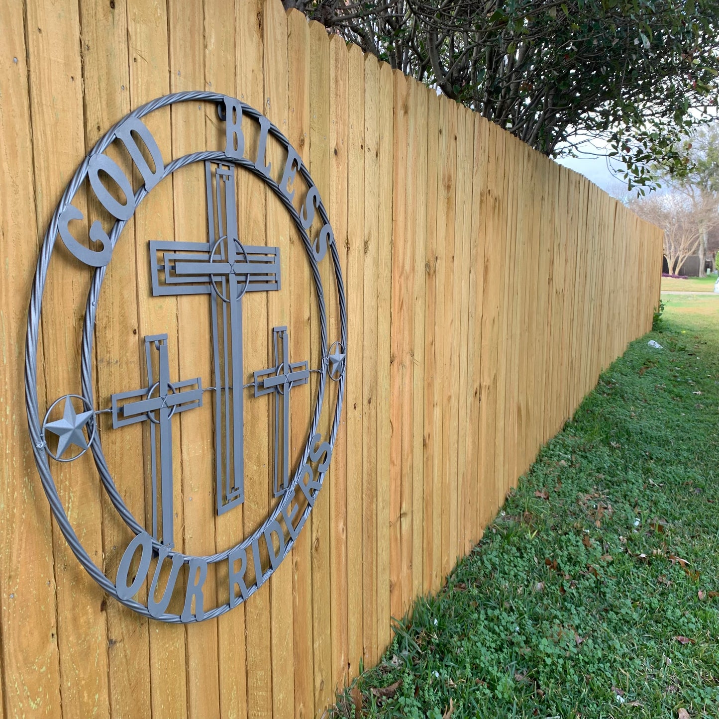40"GOD BLESS OUR RIDERS CRUCIFIX GREY CROSS METAL WALL ART HANDMADE