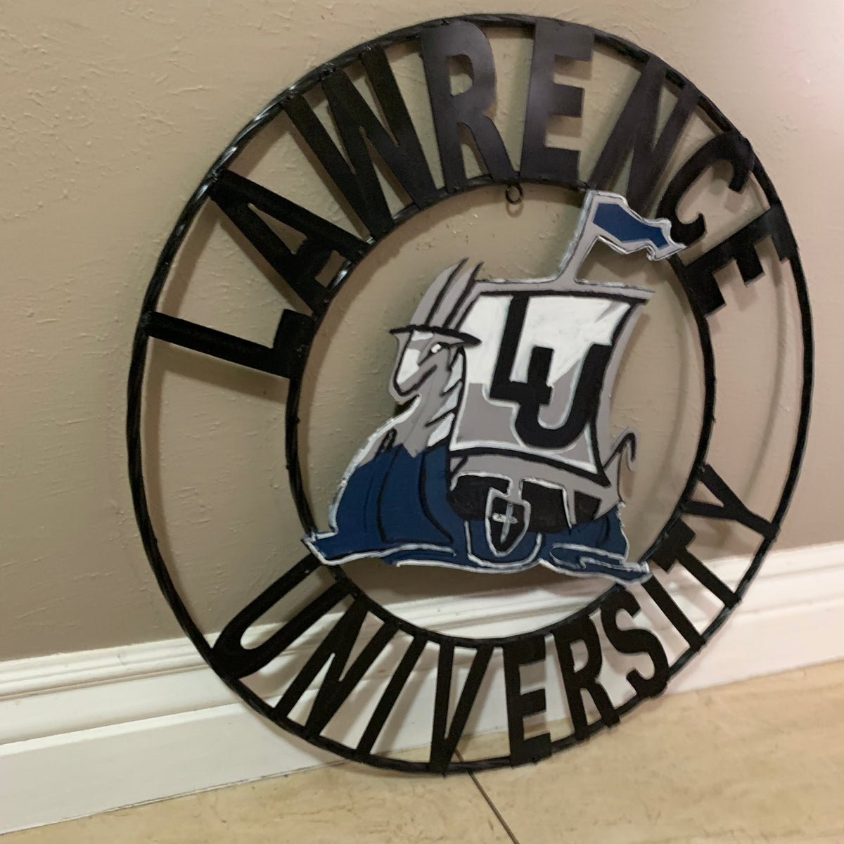 LAWRENCE UNIVERSITY METAL CUSTOM VINTAGE CRAFT WALL ART RUSTIC BLUE SILVER WHITE TEAM SIGN HANDMADE