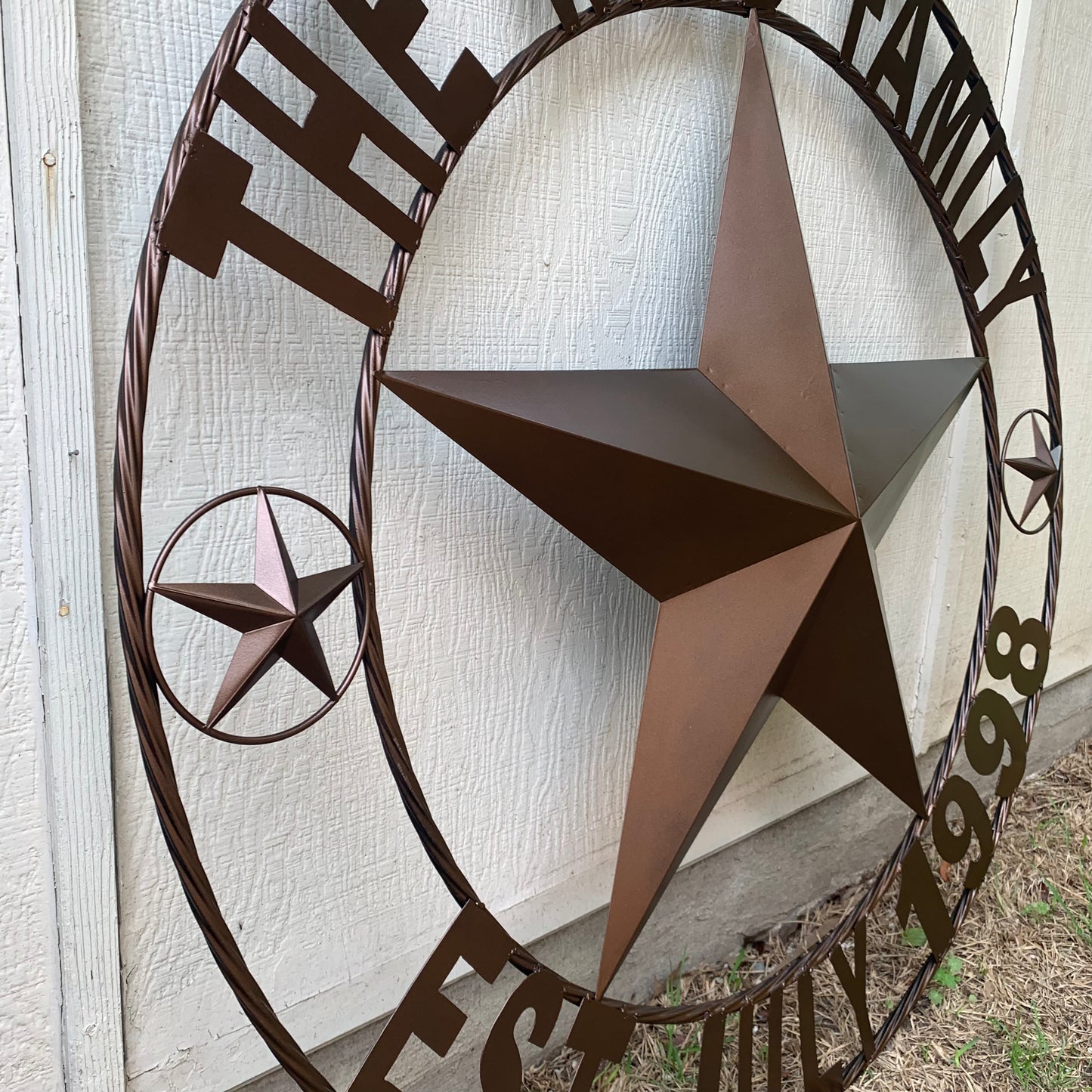 THE WILD FAMILY STYLE CUSTOM FAMILY NAME STAR METAL BARN STAR ROPE RING WESTERN HOME DECOR BRONZE HANDMADE 24",32",34",36",40",42",44",48",50"