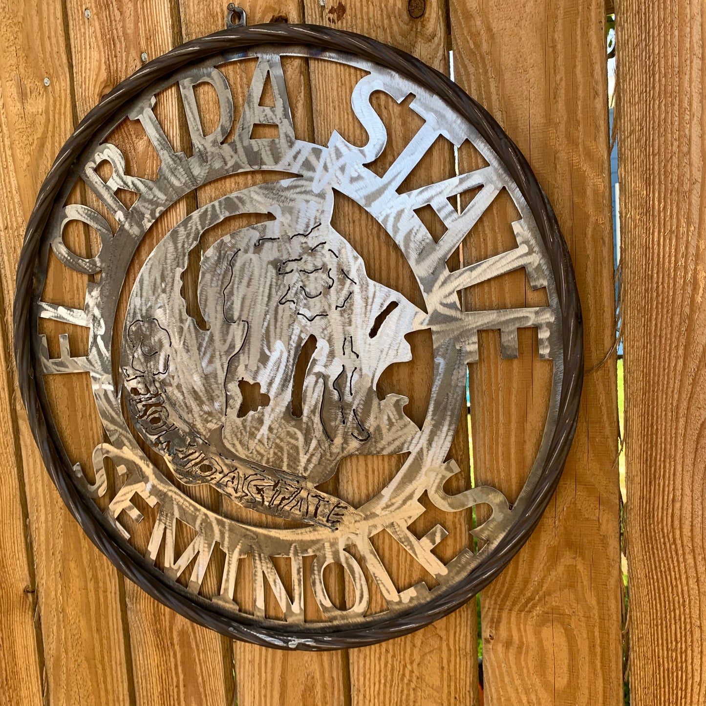 FSU FLORIDA STATE SEMINOLES INDIAN CUSTOM RAW METAL VINTAGE CRAFT TEAM SIGN HANDMADE