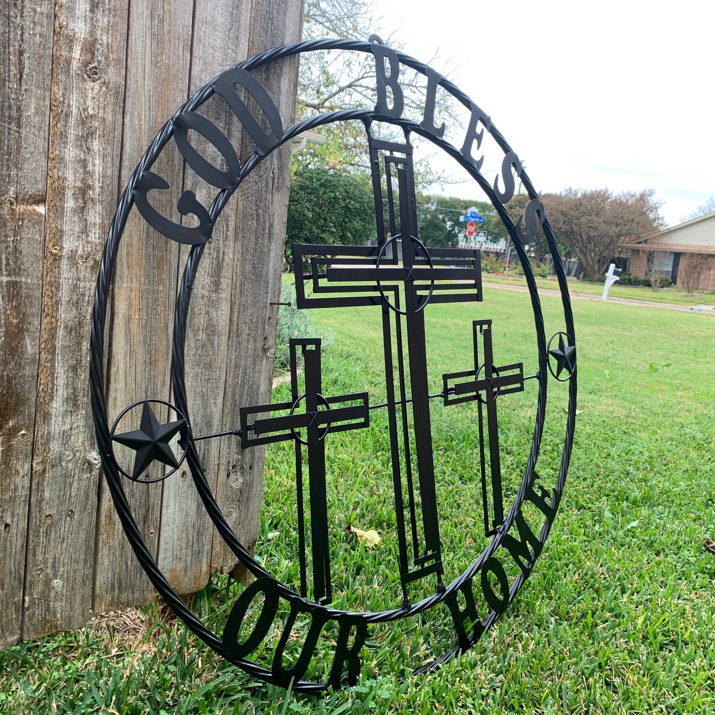 40"GOD BLESS OUR HOME CRUCIFIX CROSS METAL WALL ART BLACK HANDMADE NEW