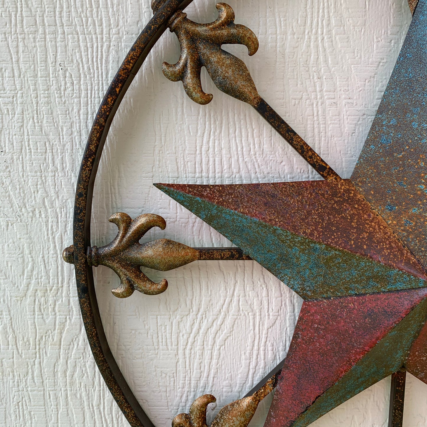 24" RUSTIC STAR & MULTI FLEUR DE LIS METAL WALL ART WESTERN HOME DECOR RED GOLD & TURQUOISE ART