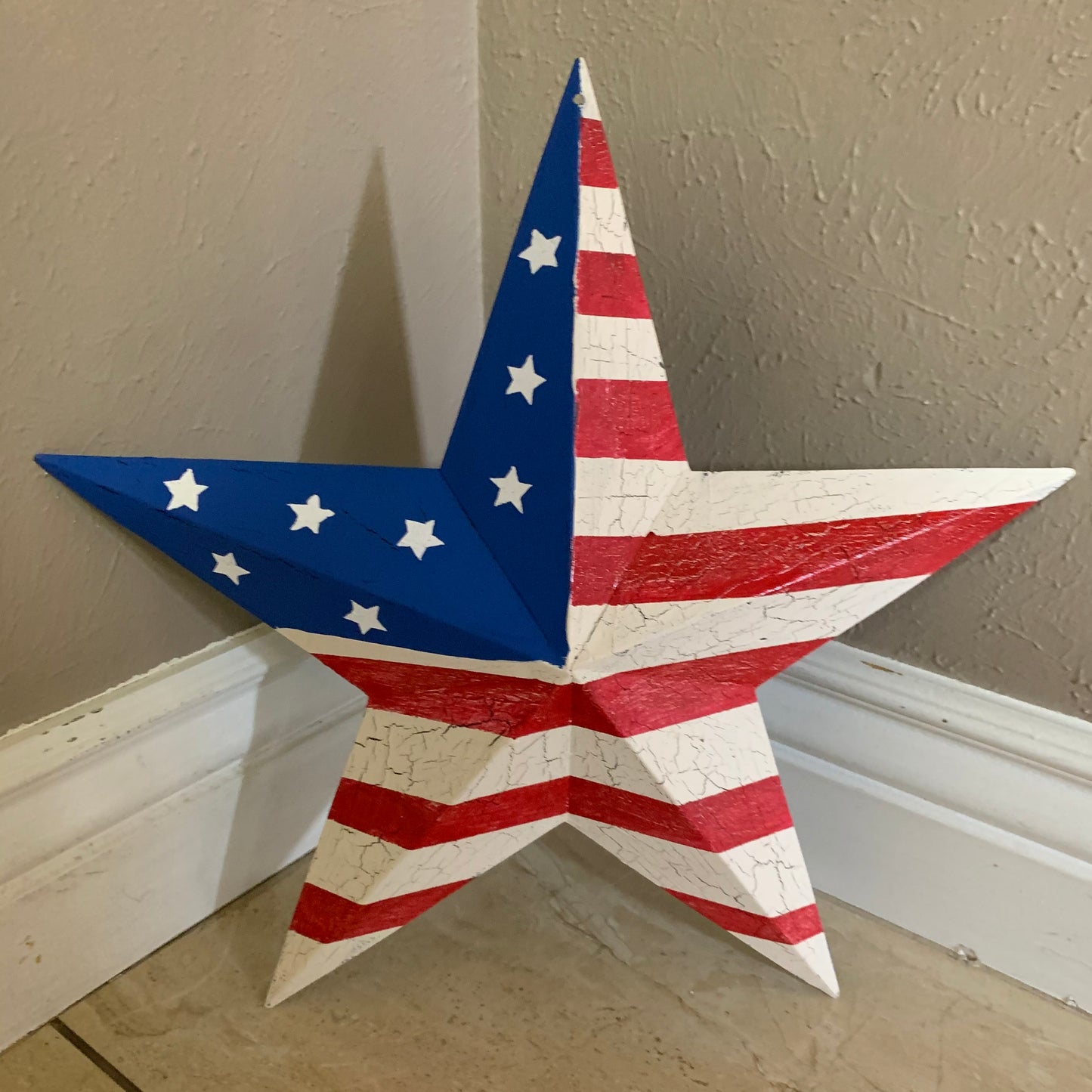 CRACKLE STAR RED WHITE BLUE Metal Wall Art Western Home Decor Handmade 9",12",16",24",30",34",36"