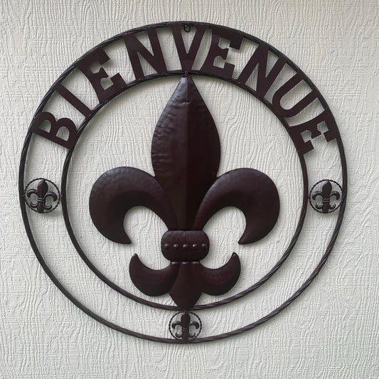 FLEUR DE LIS BIENVENUE COFFEE ESPRESSO BROWN METAL WALL ART WESTERN HOME DECOR HANDMADE #EH12051