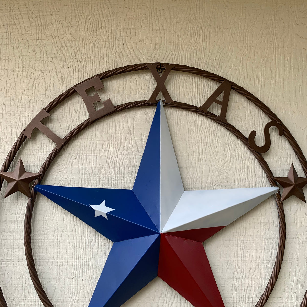 TEXAS 1836  FLAG STAR RED WHITE BLUE BARN STAR TWISTED ROPE RING BRONZE WESTERN HOME DECOR  #EH10958