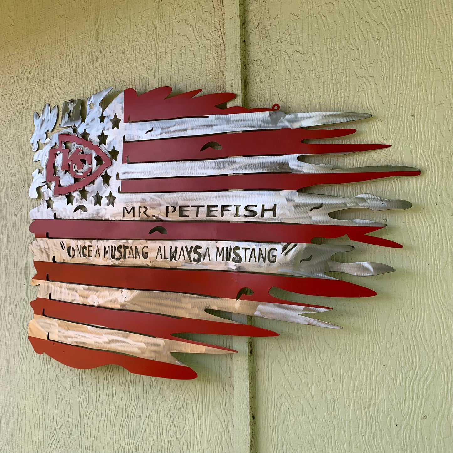 CUSTOM NAME KANSAS CITY CHIEFS METAL TATTERED FLAG CUSTOM VINTAGE CRAFT WALL ART HANDMADE