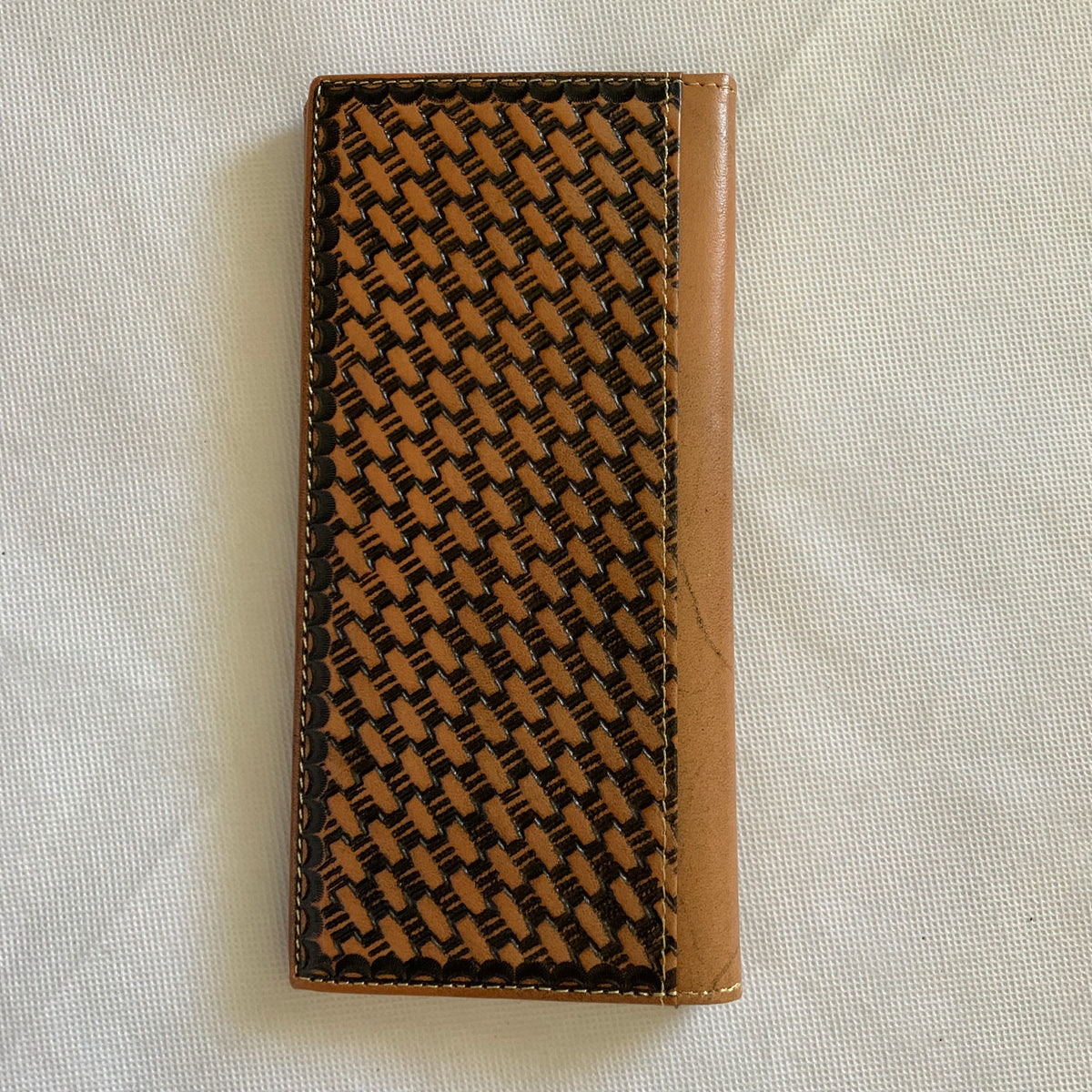 WESTERN CHECKBOOK BI FOLD WALLET or MEN'S WALLET GENUINE LEATHER TAN/BLACK FRONT FLORAL EMBOSSED NEW