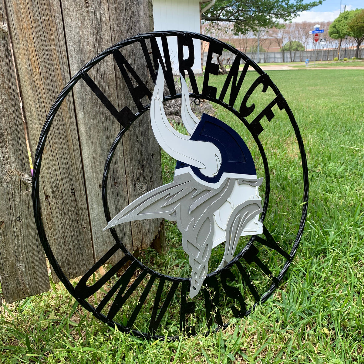 LAWRENCE UNIVERSITY METAL CUSTOM VINTAGE CRAFT WALL ART RUSTIC BLUE SILVER WHITE TEAM SIGN HANDMADE