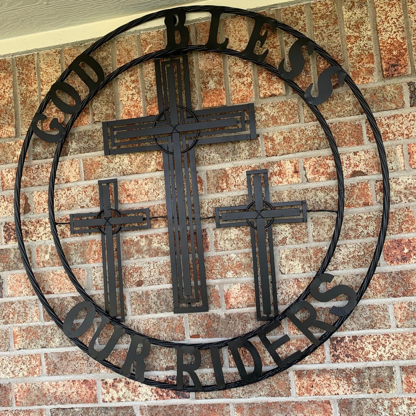 40"GOD BLESS OUR RIDERS CRUCIFIX BLACK CROSS METAL WALL ART HANDMADE