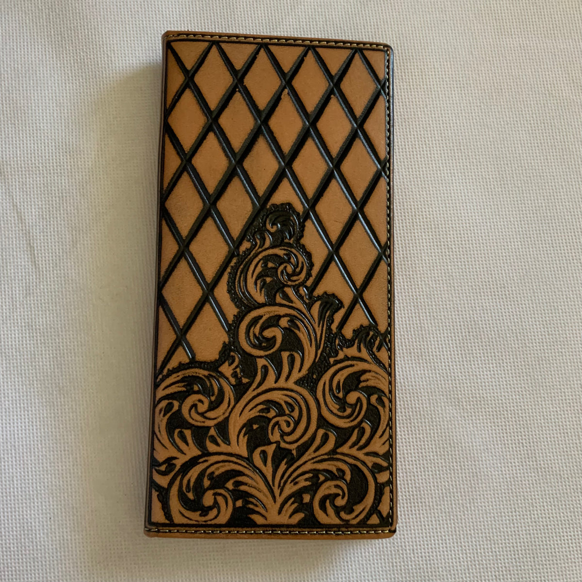 WESTERN CHECKBOOK BI FOLD WALLET or MEN'S WALLET GENUINE LEATHER TAN/BLACK FRONT FLORAL EMBOSSED NEW