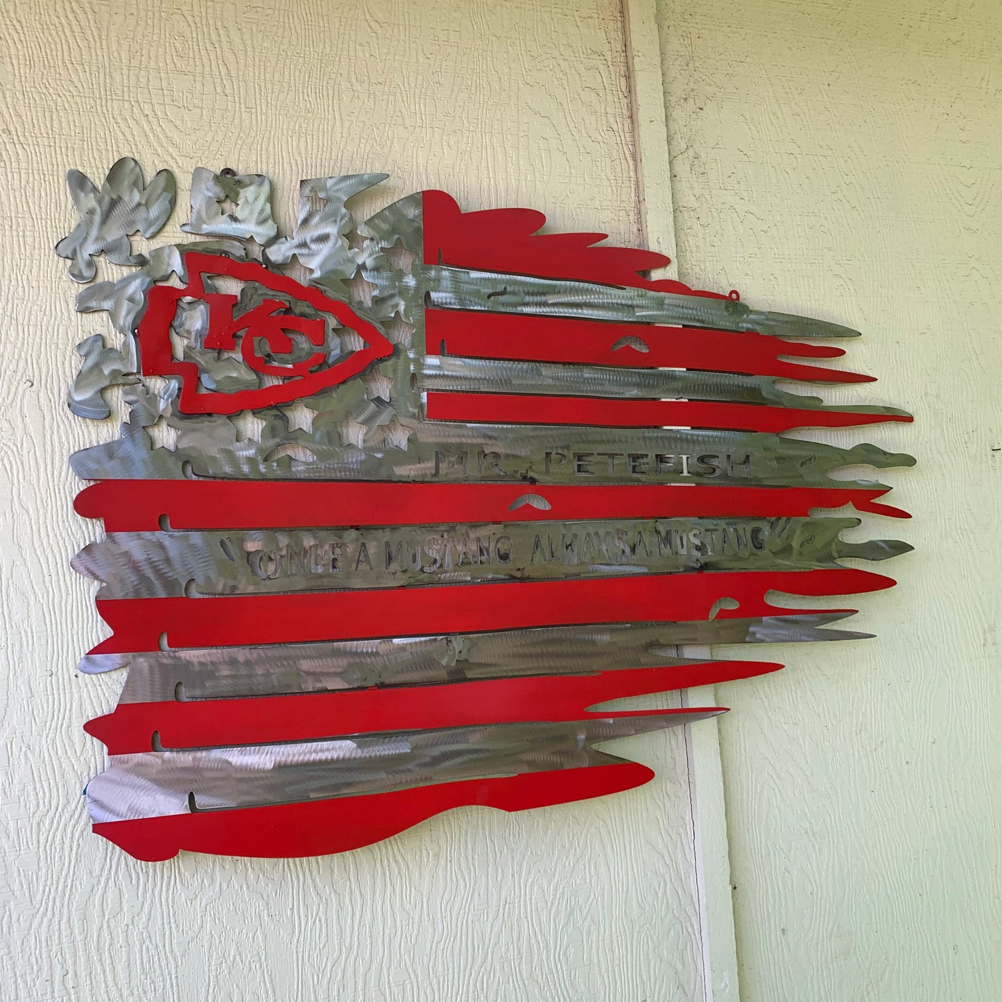 CUSTOM NAME KANSAS CITY CHIEFS METAL TATTERED FLAG CUSTOM VINTAGE CRAFT WALL ART HANDMADE