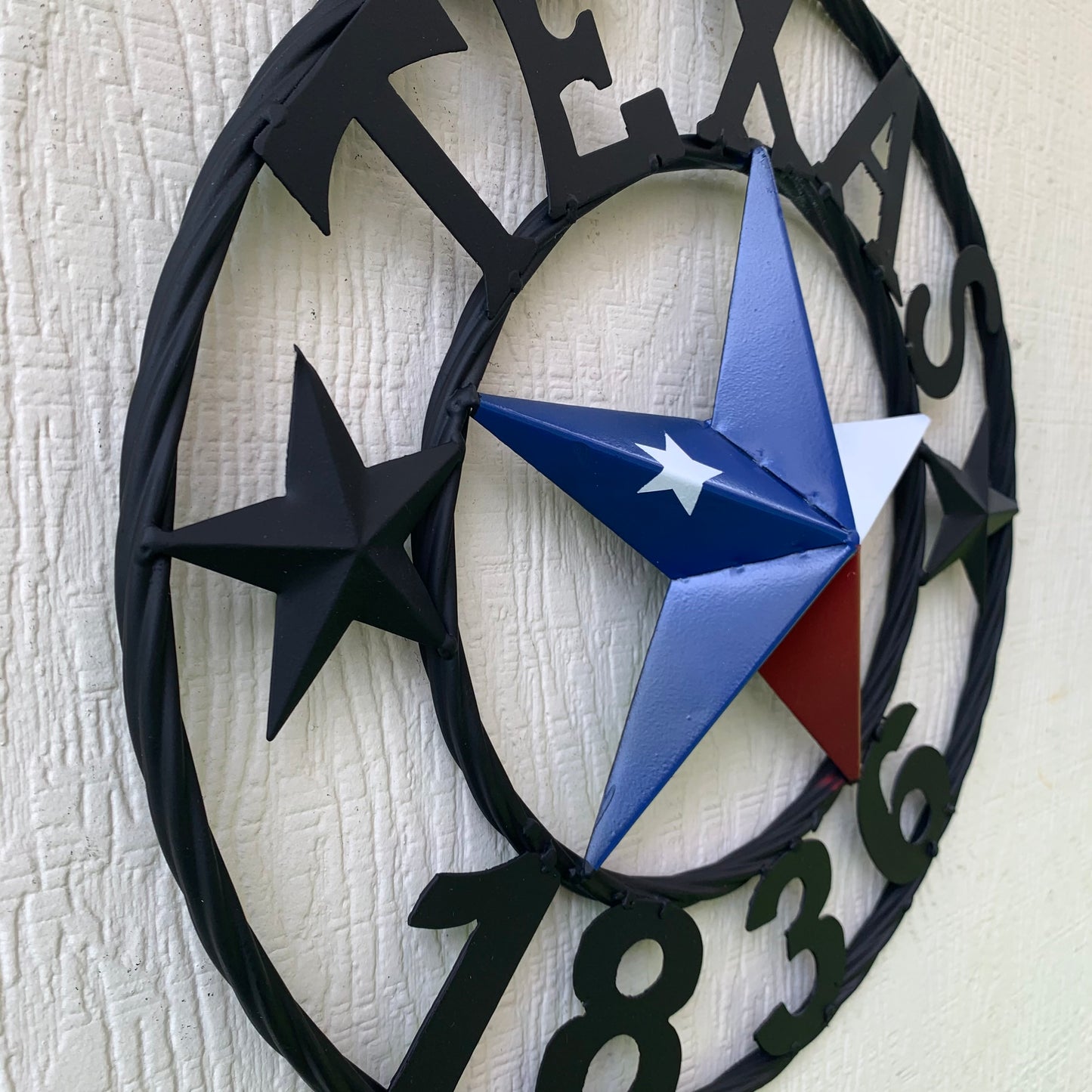 16" TEXAS 1836 RED WHITE BLUE TEXAS FLAG STAR & BLACK RING BARN STAR METAL WALL WESTERN HOME DECOR HANDMADE NEW ART