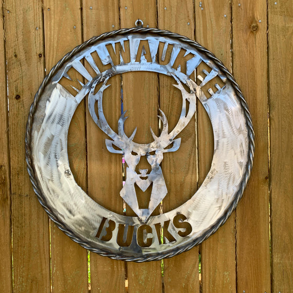 24" MILWAUKEE BUCKS RAW METAL WIDE BAND DISC STYLE METAL CUSTOM VINTAGE CRAFT TEAM SPORTS SIGN HANDMADE