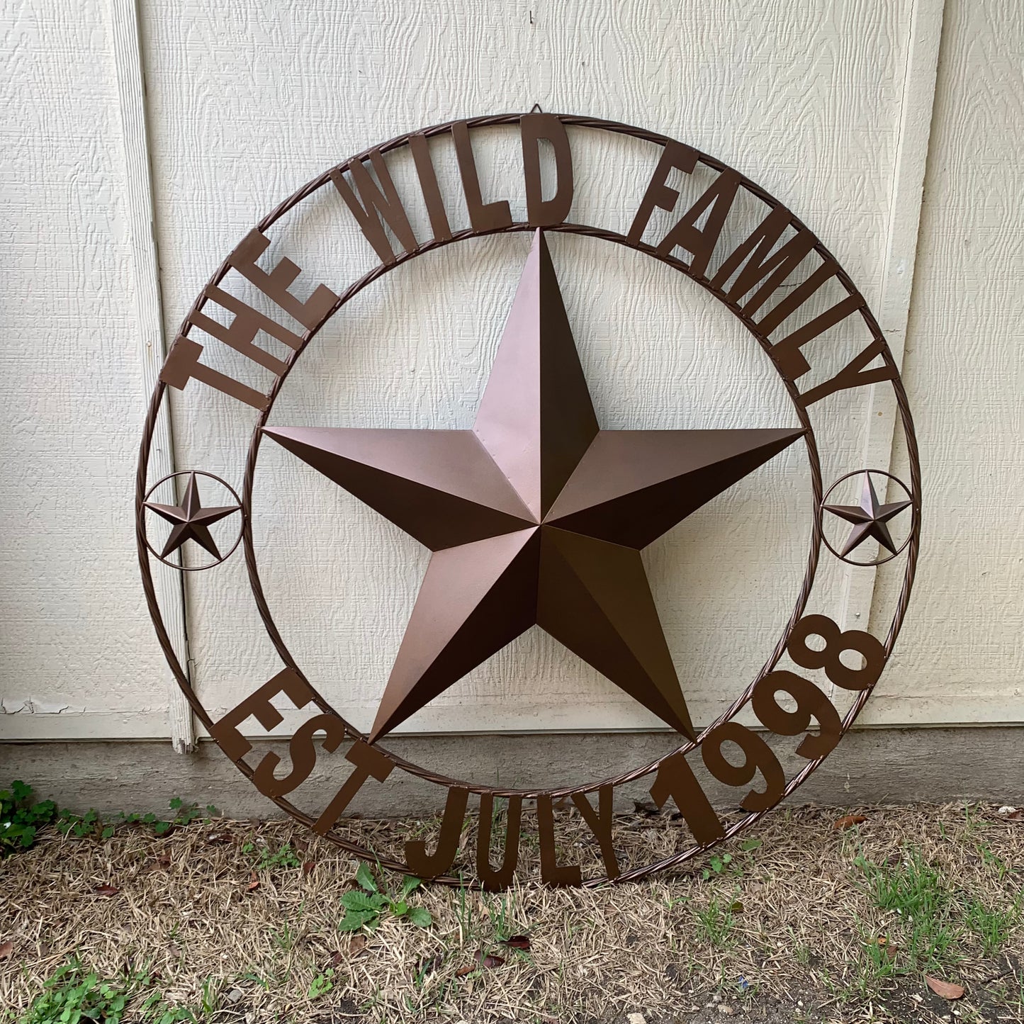 THE WILD FAMILY STYLE CUSTOM FAMILY NAME STAR METAL BARN STAR ROPE RING WESTERN HOME DECOR BRONZE HANDMADE 24",32",34",36",40",42",44",48",50"