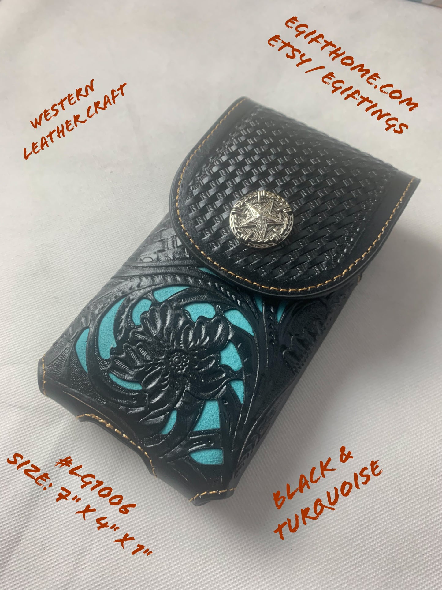 7" LONE STAR BLACK & TURQUOISE LEATHER HOLSTER POUCH EXTRA LARGE  BELT LOOP CELL PHONE CASE UNIVERSAL OVERSIZE--FREE SHIPPING