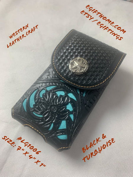 #LG1006 7" LONE STAR BLACK & TURQUOISE LEATHER POUCH EXTRA LARGE  BELT LOOP HOLSTER CELL PHONE CASE UNIVERSAL OVERSIZE--FREE SHIPPING