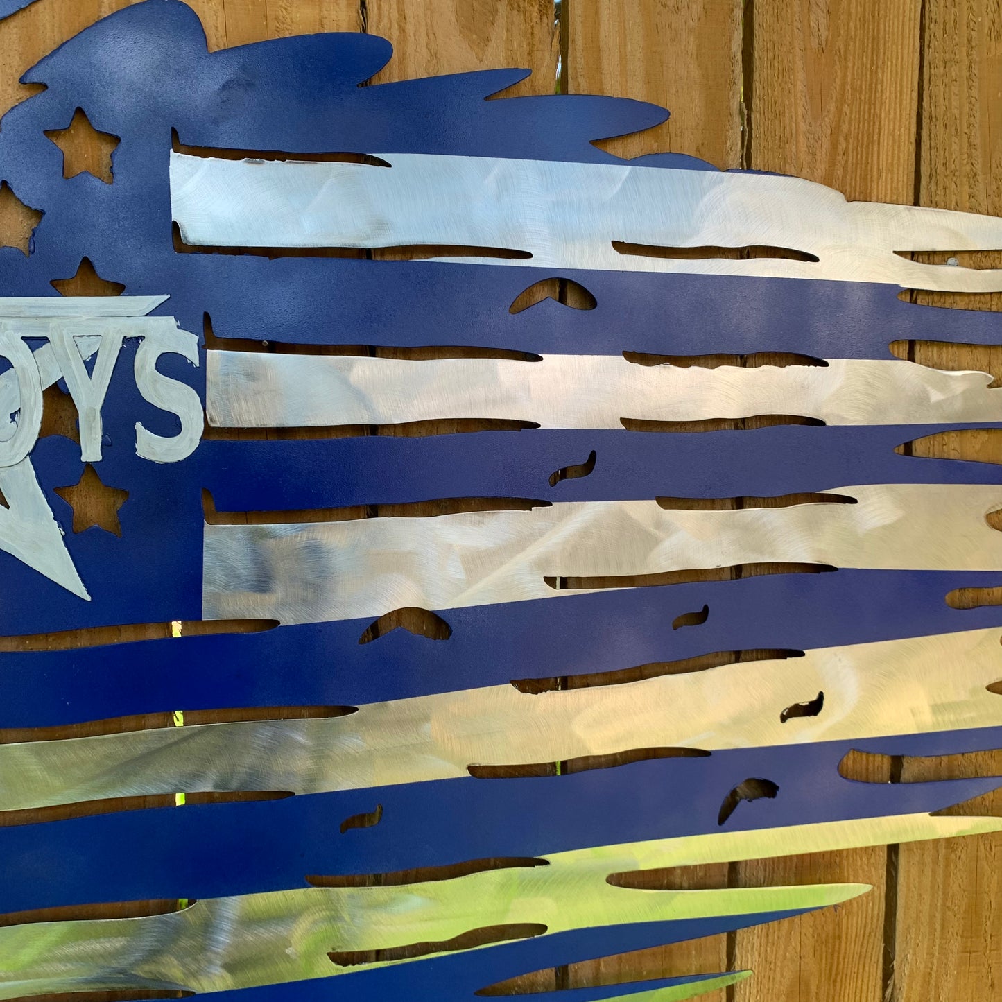 DALLAS COWBOYS METAL TATTERED FLAG BRIGHT BLUE & SILVER CUSTOM VINTAGE CRAFT TEAM SIGN HANDMADE