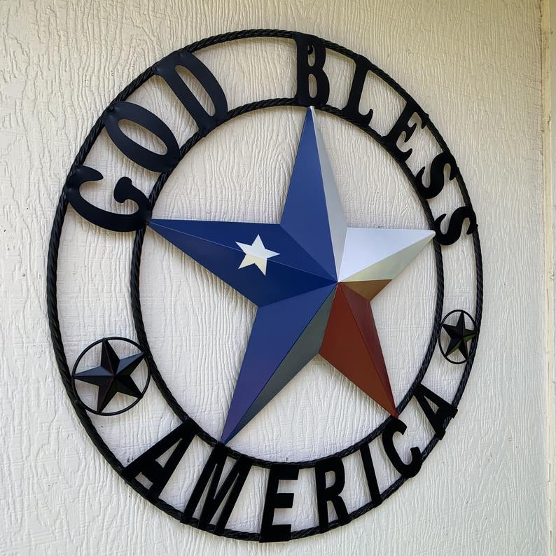 GOD BLESS AMERICA RED WHITE & BLUE METAL BARN STAR TWISTED ROPE RING WESTERN HOME DECOR HANDMADE NEW #EH10549
