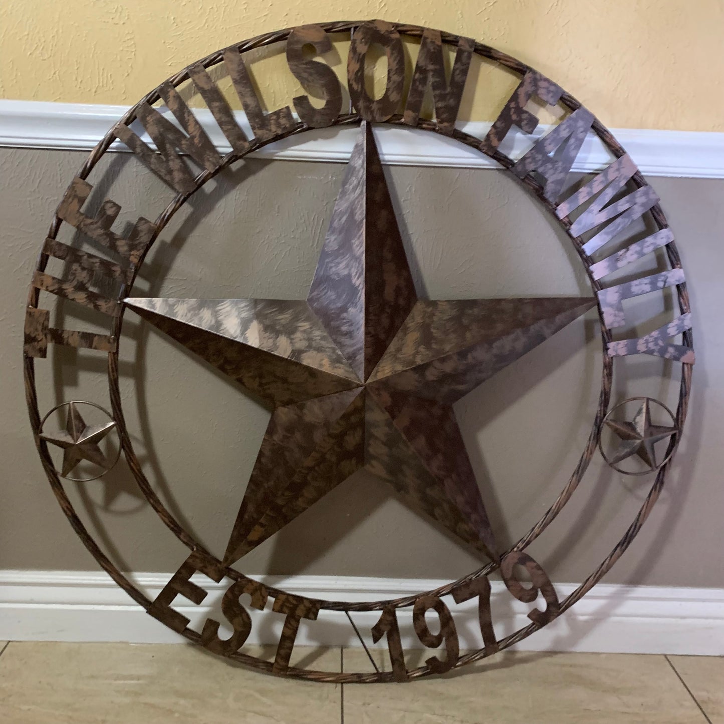 COLOMINA STYLE YOUR CUSTOM NAME BARN STAR BRONZE BRUSH COPPER METAL STAR 3d TWISTED ROPE RING COLOMINA WESTERN HOME DECOR RUSTIC VINTAGE HANDMADE 24",32",36",40",42",44",46",50"