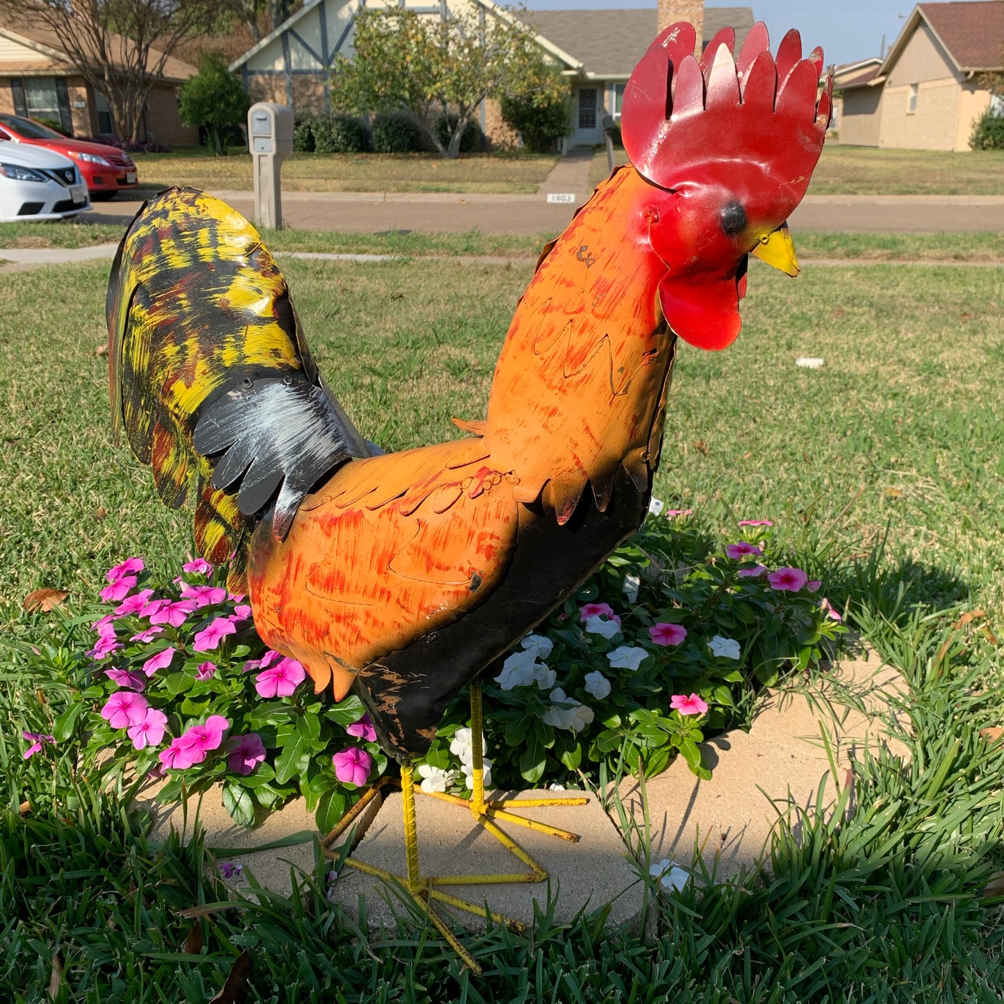 #34-025 RUSTIC ORANGE RED ROOSTER 18",30",40" GARDEN METAL ANIMAL SCULPTURE METAL DECOR ORNAMENT 16"L x 20" high