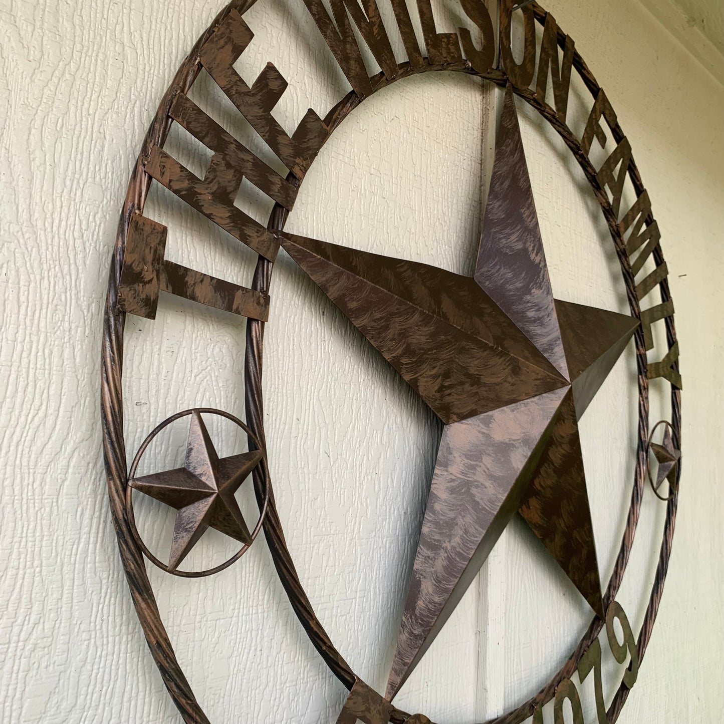 COLOMINA STYLE YOUR CUSTOM NAME BARN STAR BRONZE BRUSH COPPER METAL STAR 3d TWISTED ROPE RING COLOMINA WESTERN HOME DECOR RUSTIC VINTAGE HANDMADE 24",32",36",40",42",44",46",50"