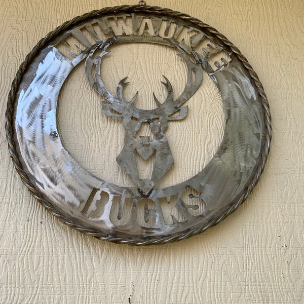 24" MILWAUKEE BUCKS RAW METAL WIDE BAND DISC STYLE METAL CUSTOM VINTAGE CRAFT TEAM SPORTS SIGN HANDMADE