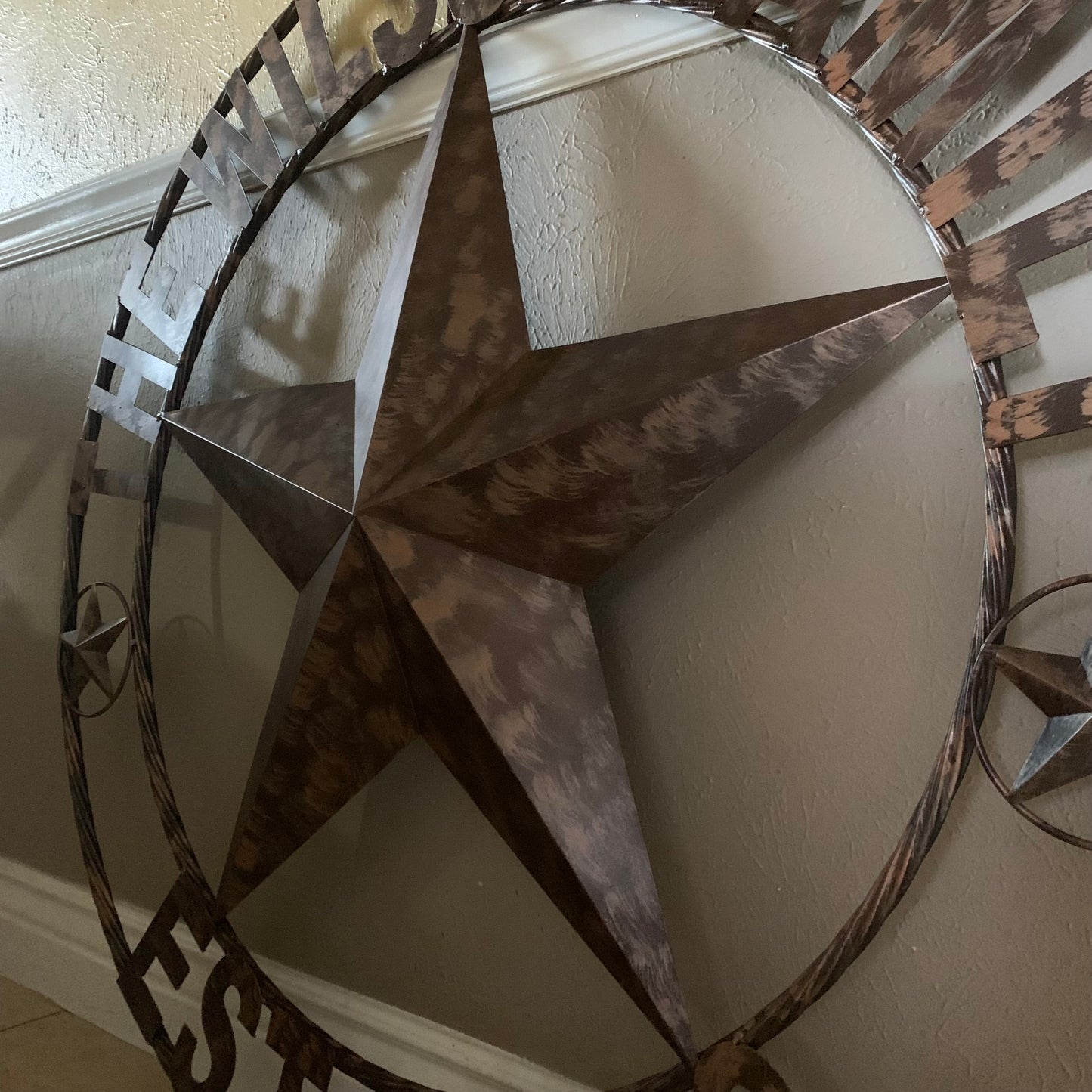 COLOMINA STYLE YOUR CUSTOM NAME BARN STAR BRONZE BRUSH COPPER METAL STAR 3d TWISTED ROPE RING COLOMINA WESTERN HOME DECOR RUSTIC VINTAGE HANDMADE 24",32",36",40",42",44",46",50"