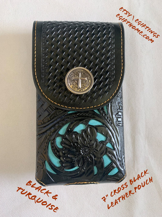7" CROSS BLACK LEATHER TURQUOISE HOLSTER POUCH EXTRA LARGE  BELT LOOP CELL PHONE CASE UNIVERSAL OVERSIZE