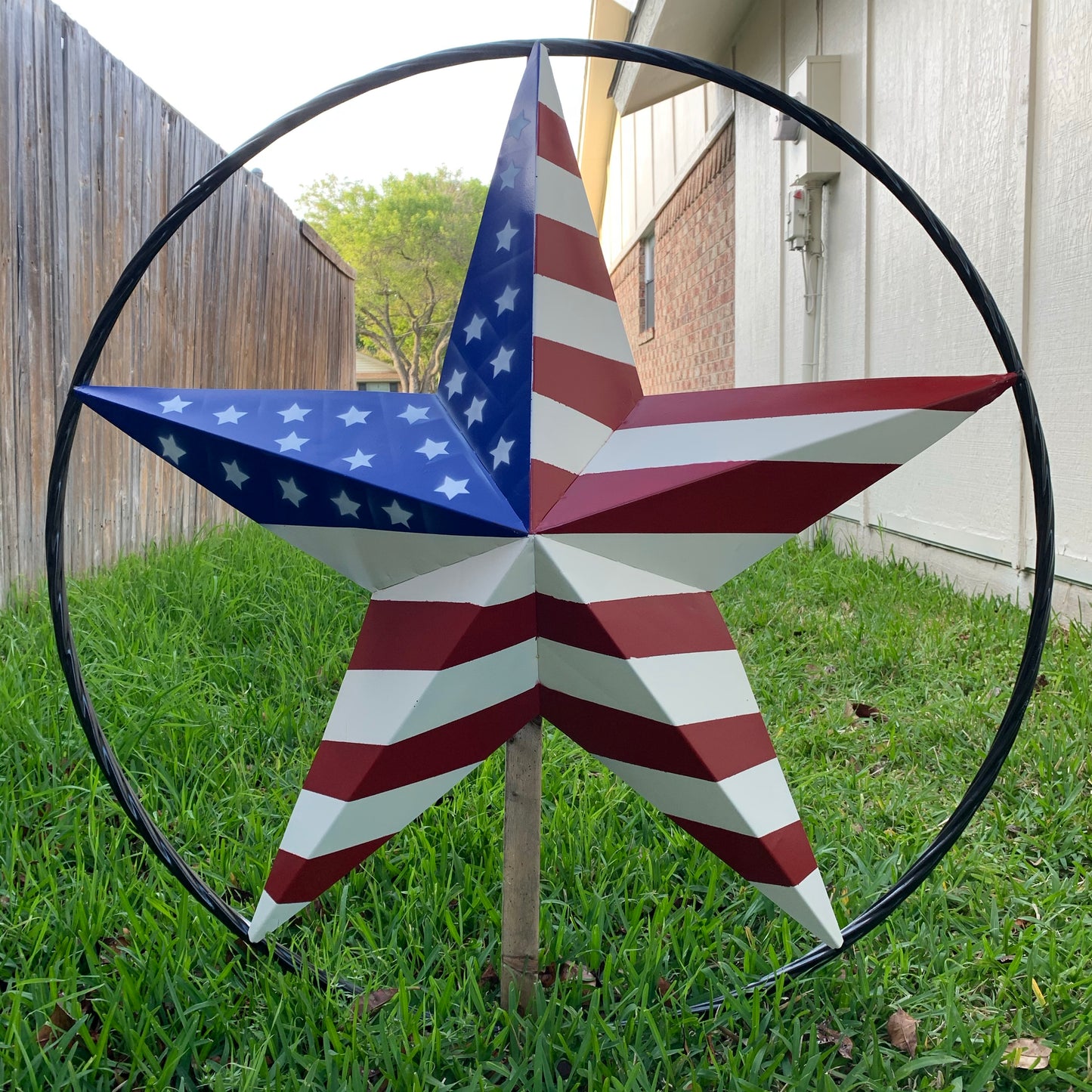 AMERICAN Flag USA Metal Barn Star RED WHITE & BLUE with Black Rope Ring Western Home Decor Handmade 12",16",24",30",34",36",40",48"