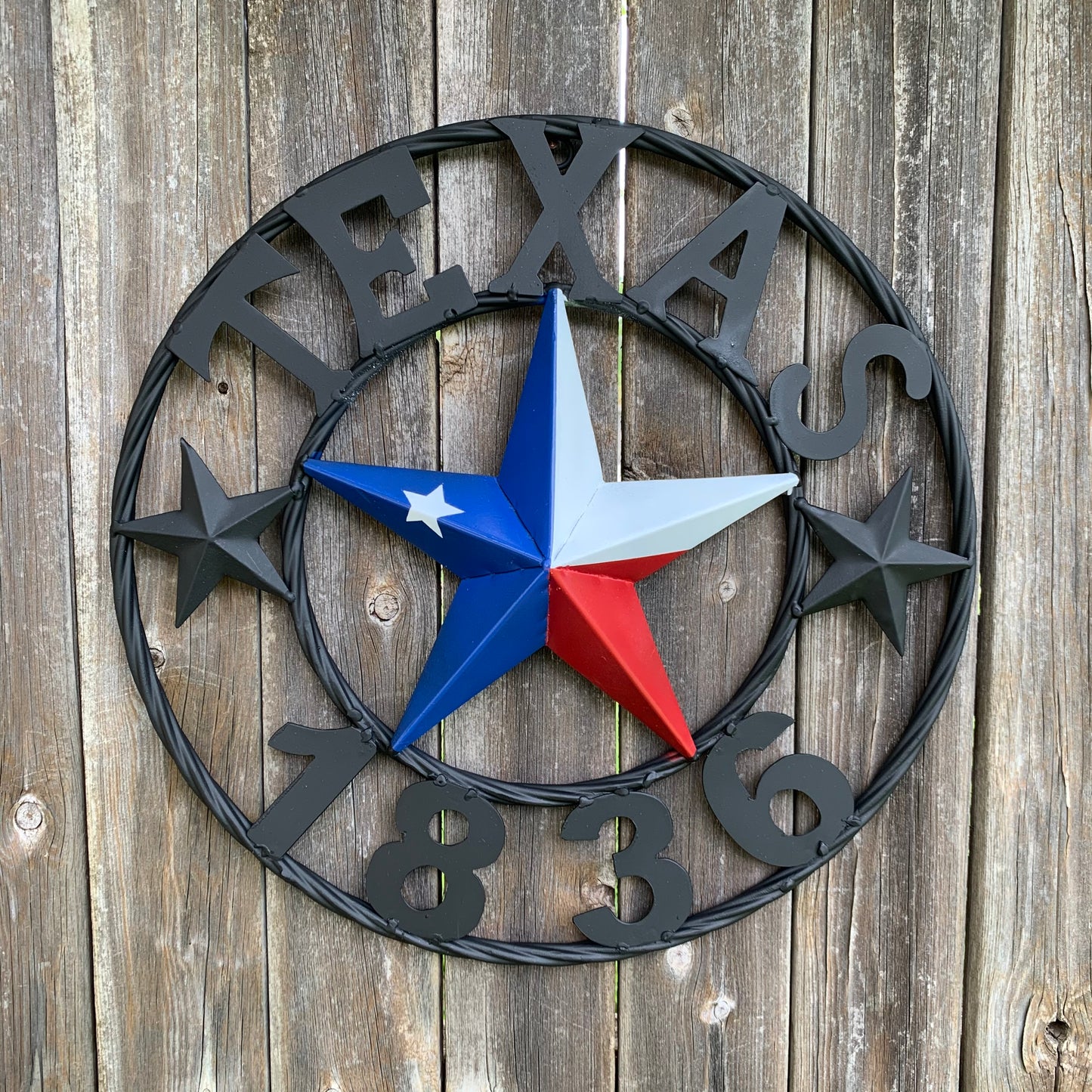 16" TEXAS 1836 RED WHITE BLUE TEXAS FLAG STAR & BLACK RING BARN STAR METAL WALL WESTERN HOME DECOR HANDMADE NEW ART